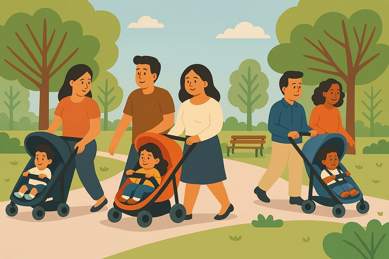 Family with stroller enjoying outdoor activities
